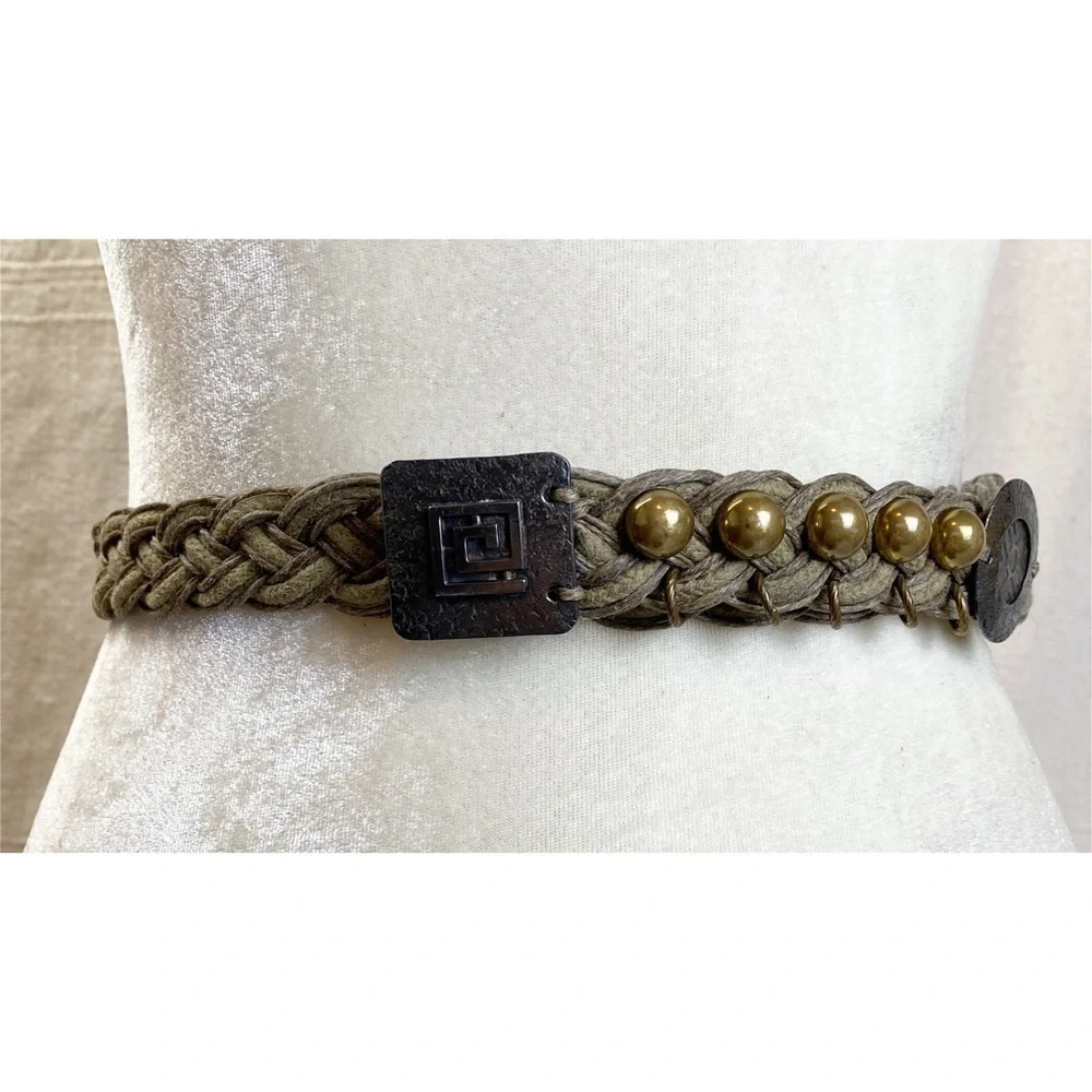 Marjorie Baer SF Green Woven Brass Stud Braided Belt OS